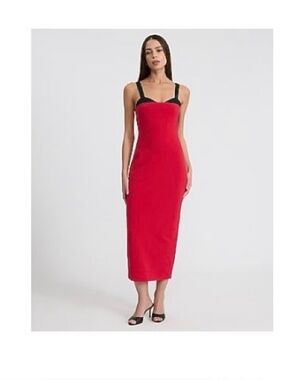 Express Red Strapless Bodycon Dress with Black Accents
